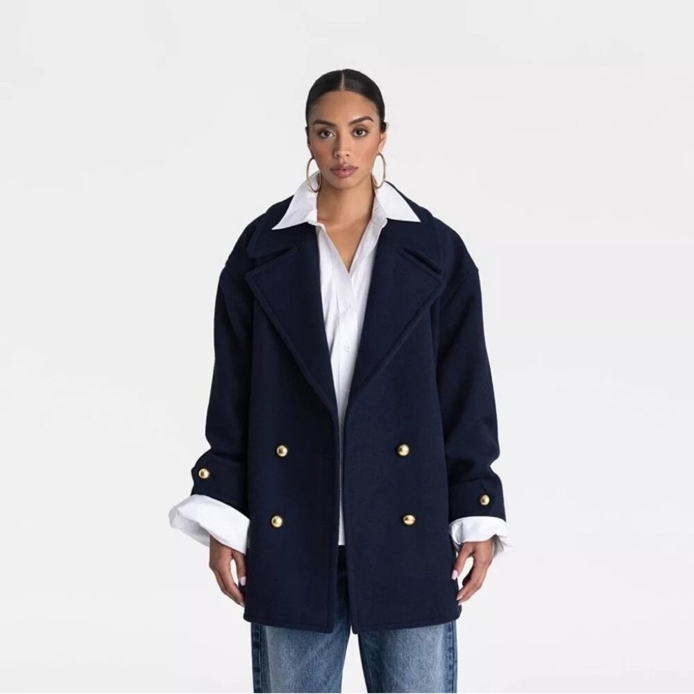 NWT KBB BY KAHLANA Women's Navy Double-Breasted Coat size M wool peacoat. Navy
